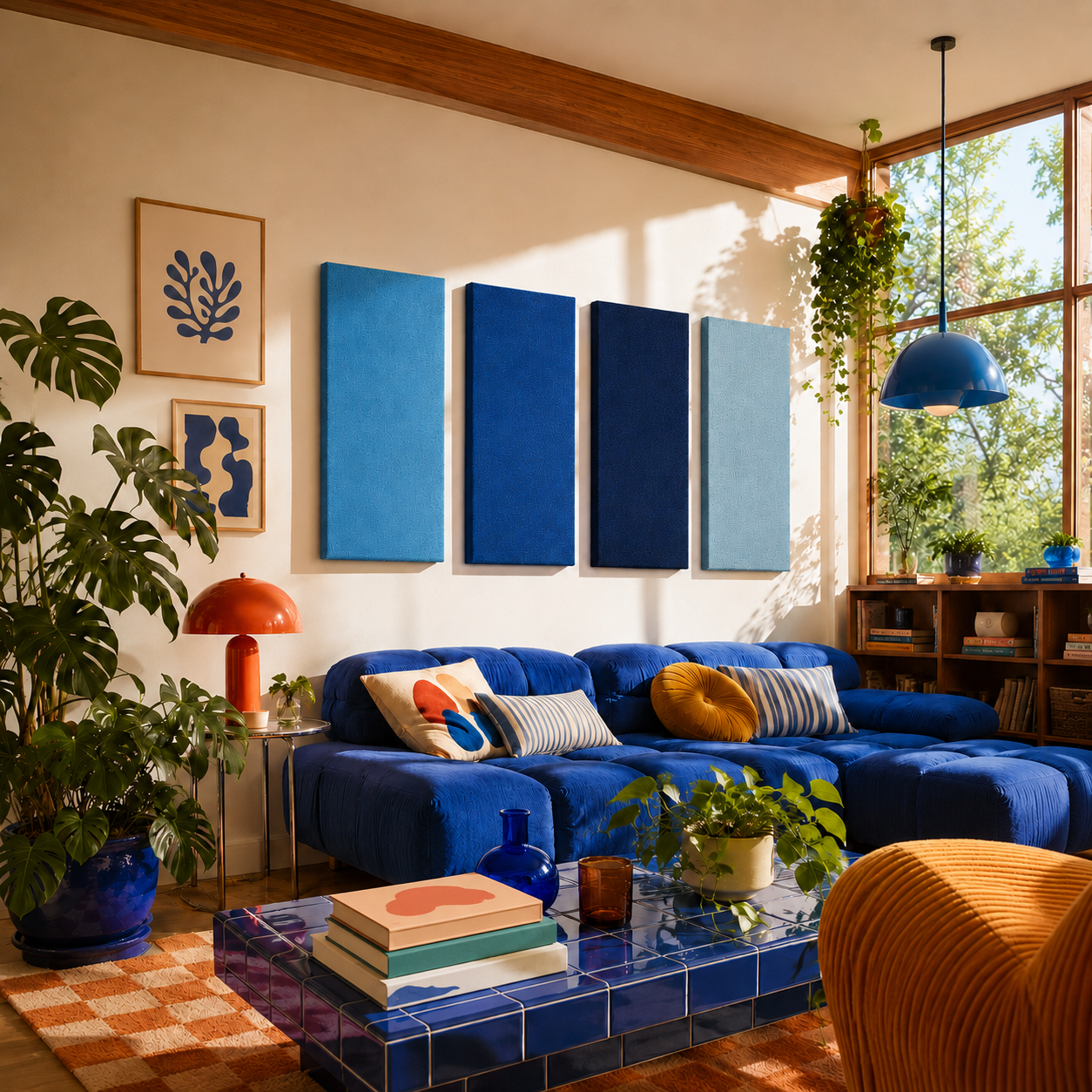 Gemütliches Wohnzimmer mit blauer Couch, bunten Kissen, Wanddekoration in Blau- und Beigetönen, viele Pflanzen und großen Fenstern mit Blick auf Bäume.