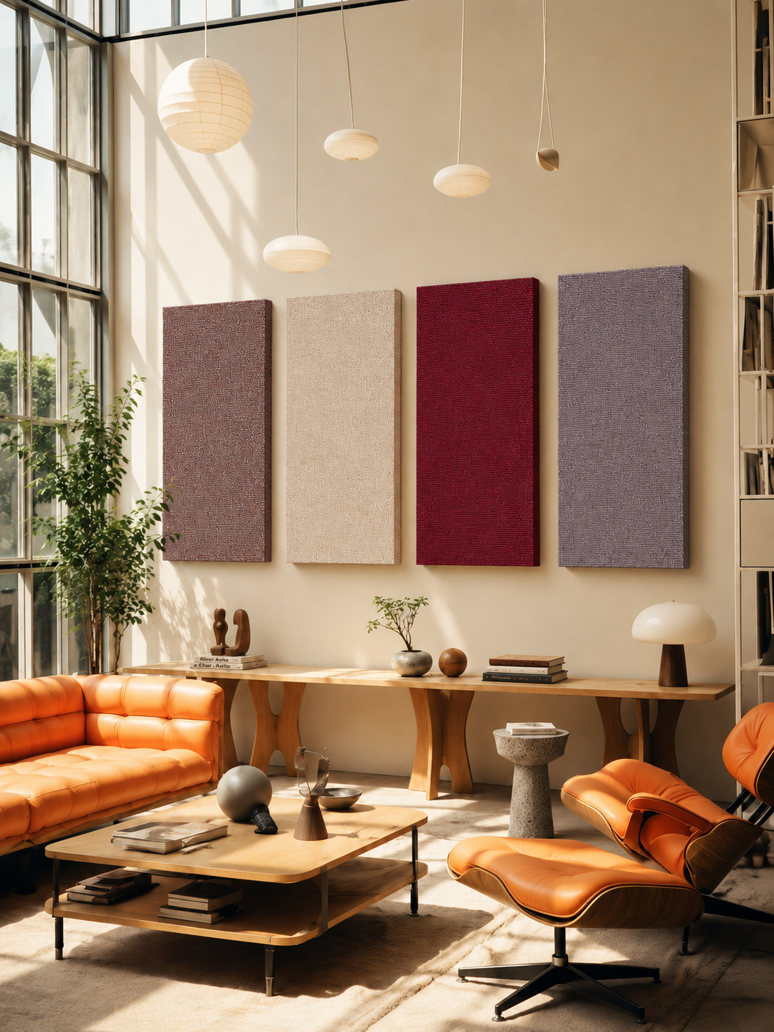 Moderner Wohnzimmer mit großen Fenstern, orange Leder-Sofa und Lounge chair, Holztisch und Wanddekoration mit vier bunten Wandpaneelen, Pflanzen und dekorativen Gegenständen.