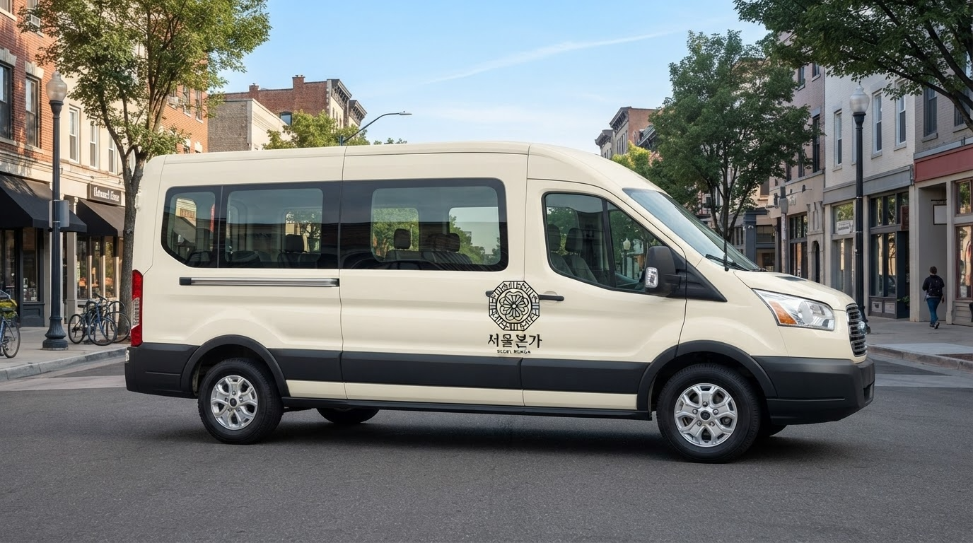 White van with a logo and Korean text parked on a city street with trees and buildings in the background.