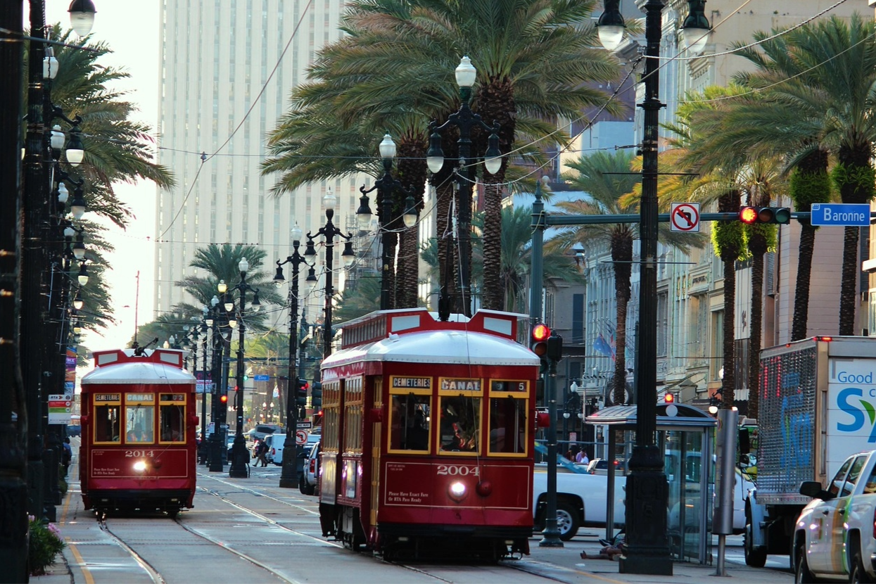 Two red streetcars traveling on a city street with palm trees and tall buildings.