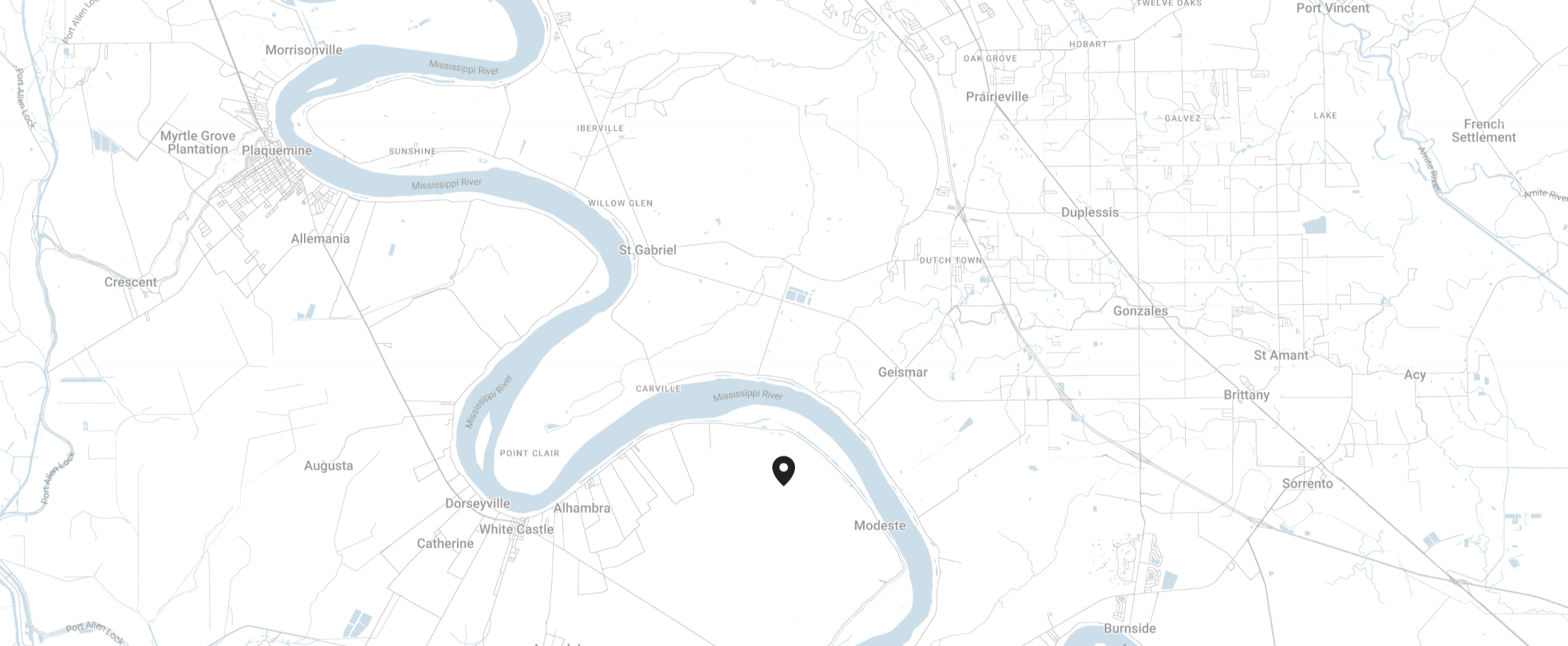 Map of the Mississippi River showing the location of Port of Port of Port Allen near Port Augustine, with nearby towns such as Dorseyville, White Castle, and Alhambra in Louisiana.