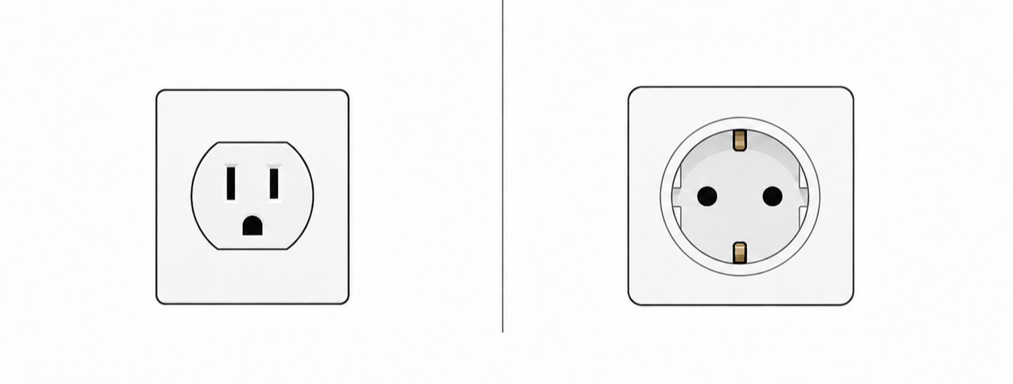 Comparison of two electrical outlets: the left outlet has a Western plug with two vertical prongs and a round hole beneath, expressing surprise; the right outlet has a European plug with round holes for two prongs.