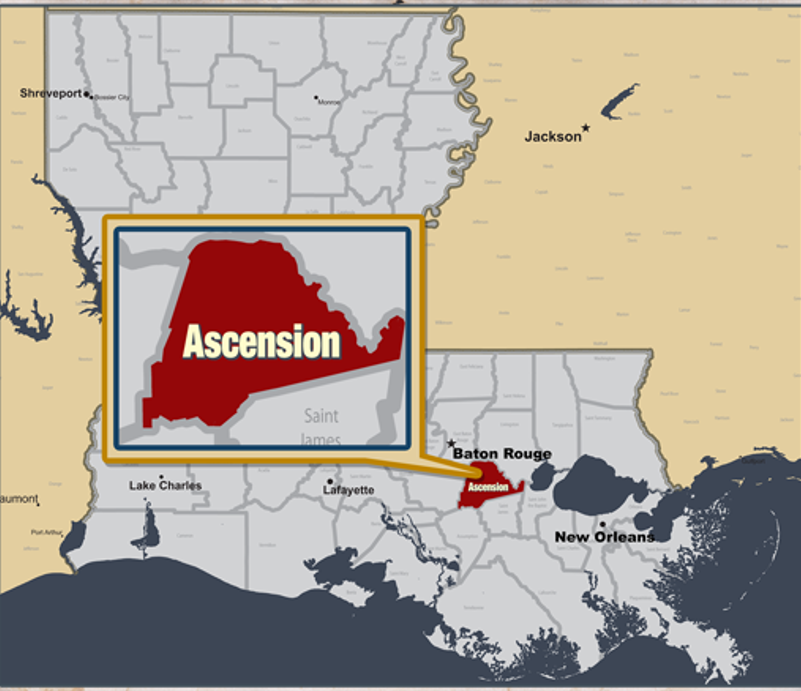 Map of Louisiana highlighting Ascension Parish in red, with nearby cities Baton Rouge, New Orleans, and Jackson, and an inset zooming in on Ascension Parish.
