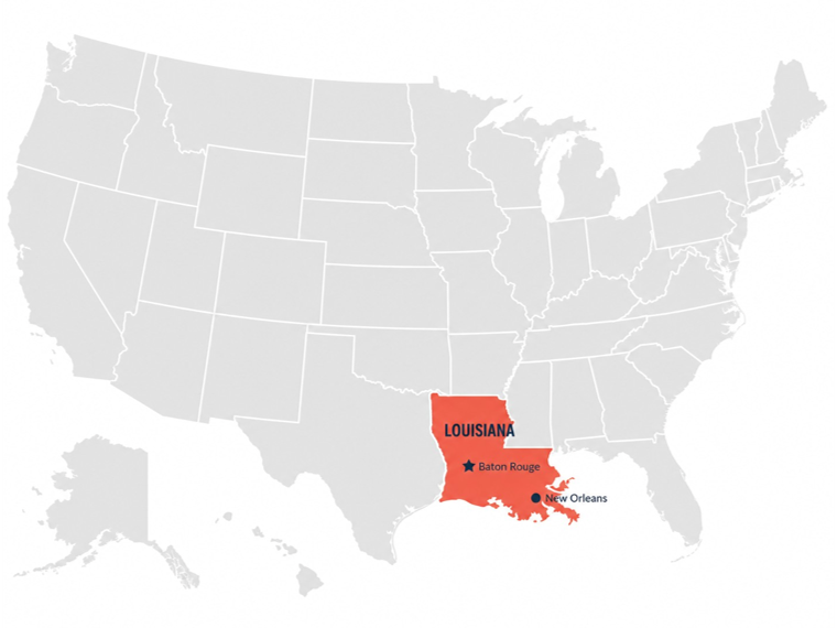 Map of the United States highlighting Louisiana in red, with Baton Rouge and New Orleans marked, and the label 'Louisiana' in bold.