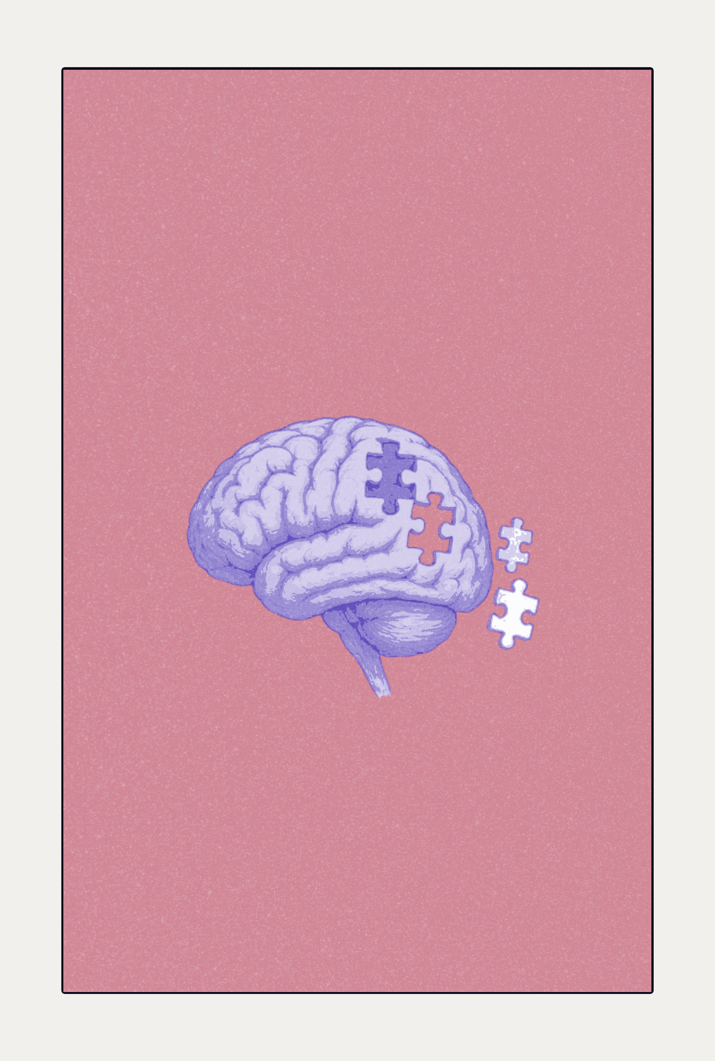Illustration of a human brain with puzzle pieces around it on a pink background.