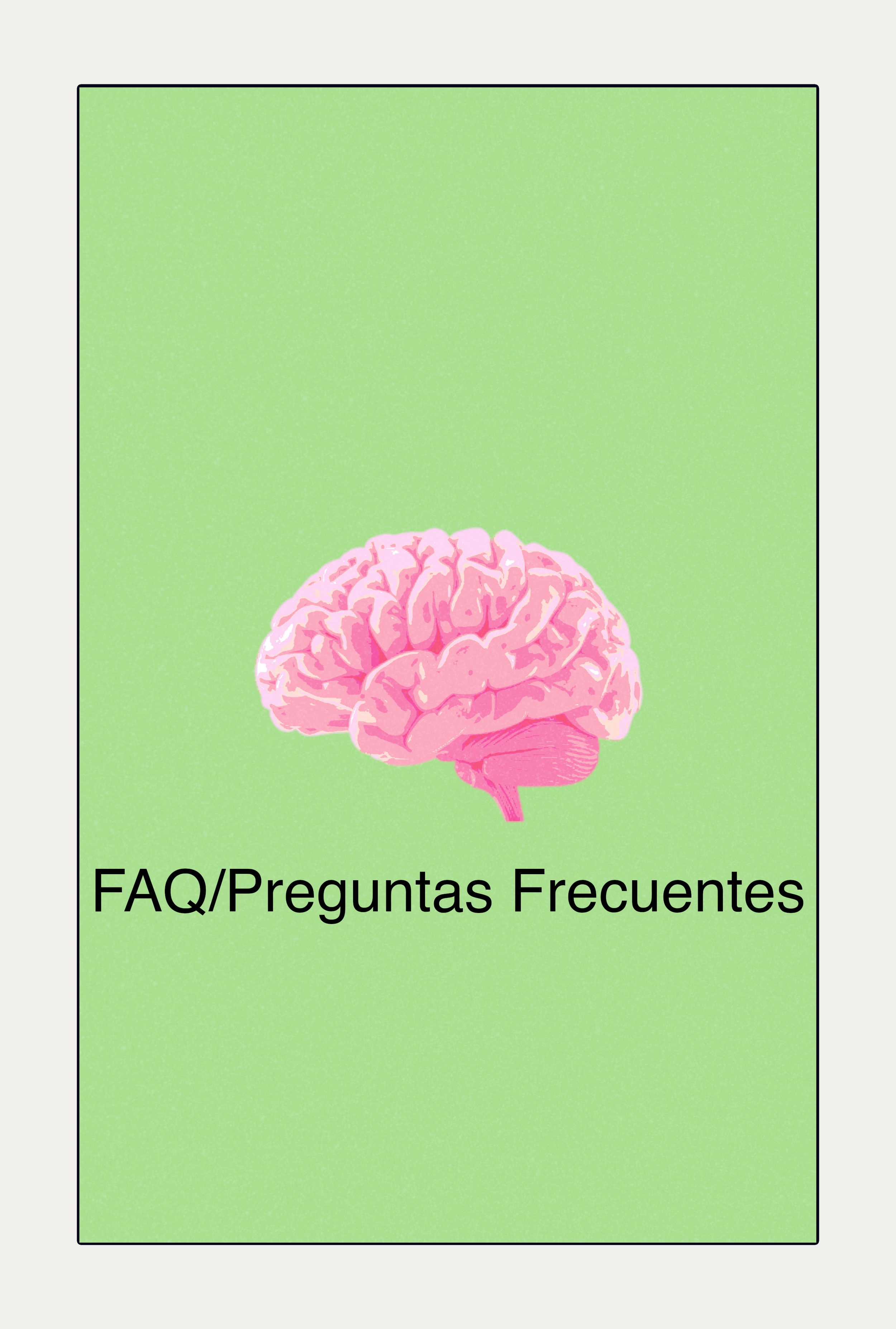FAQ document with a pink brain illustration on a green background and black text in English and Spanish.