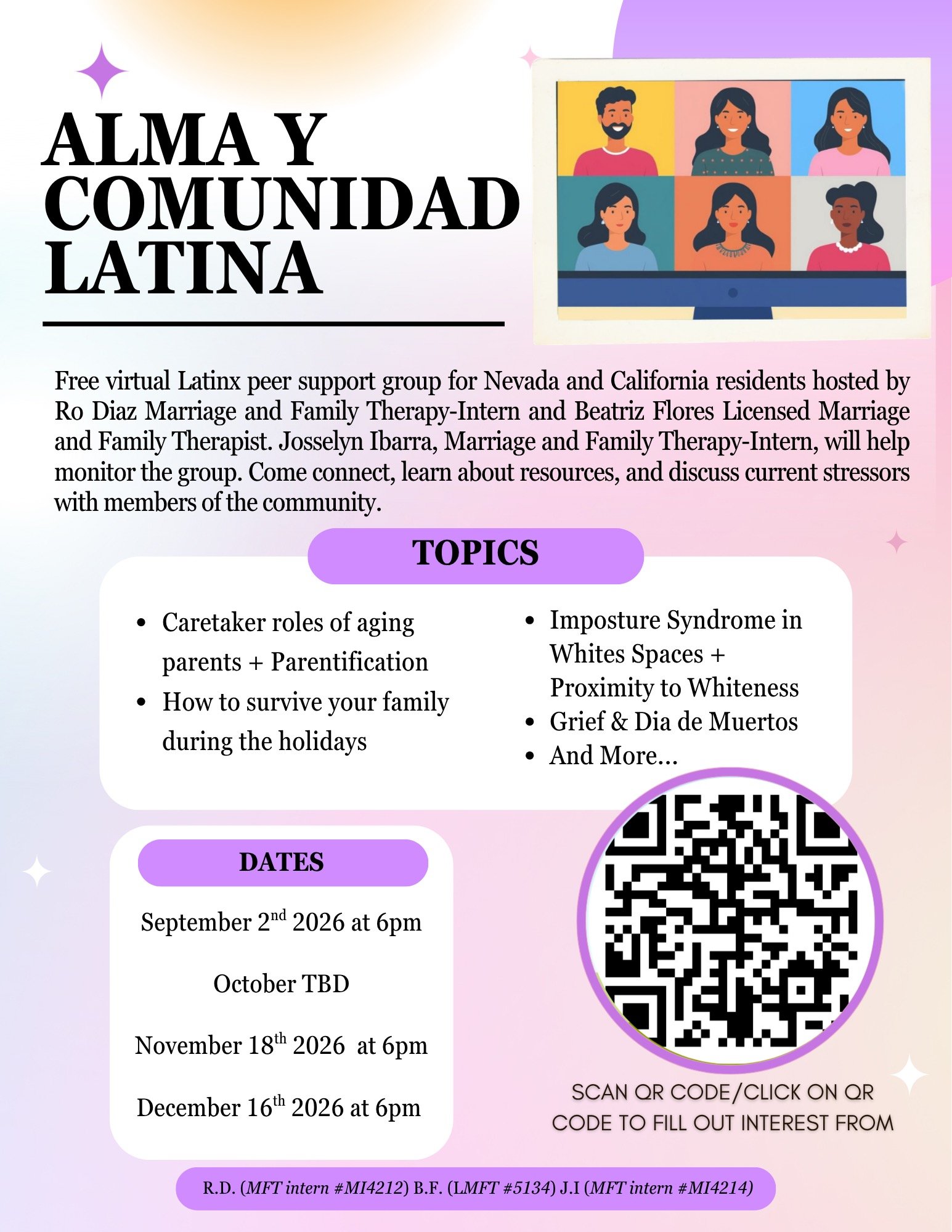 Hello our comunidad Latina ! As we are thriving in the 110 degree Vegas weather we have updated our flyer with new dates and topics for 2026. We look forward to hearing your perspectives and connecting. Please share our flyer with friends, family, an