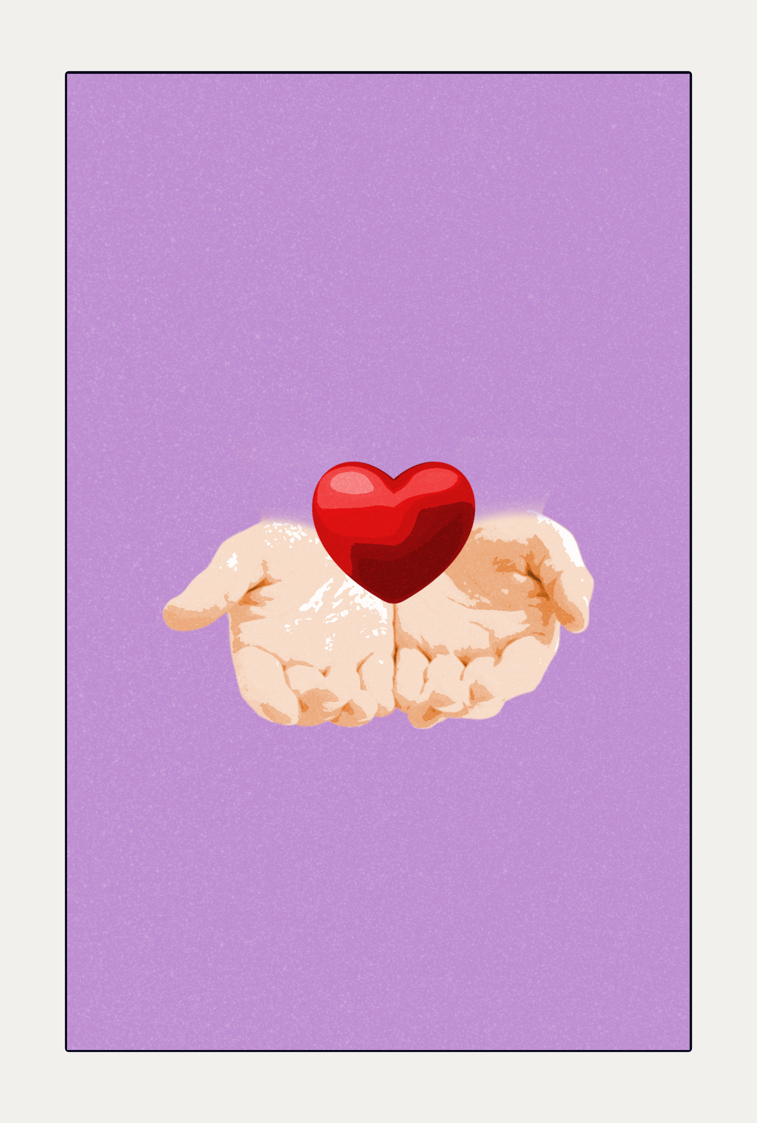 Two hands gently holding a red ceramic heart against a purple background.