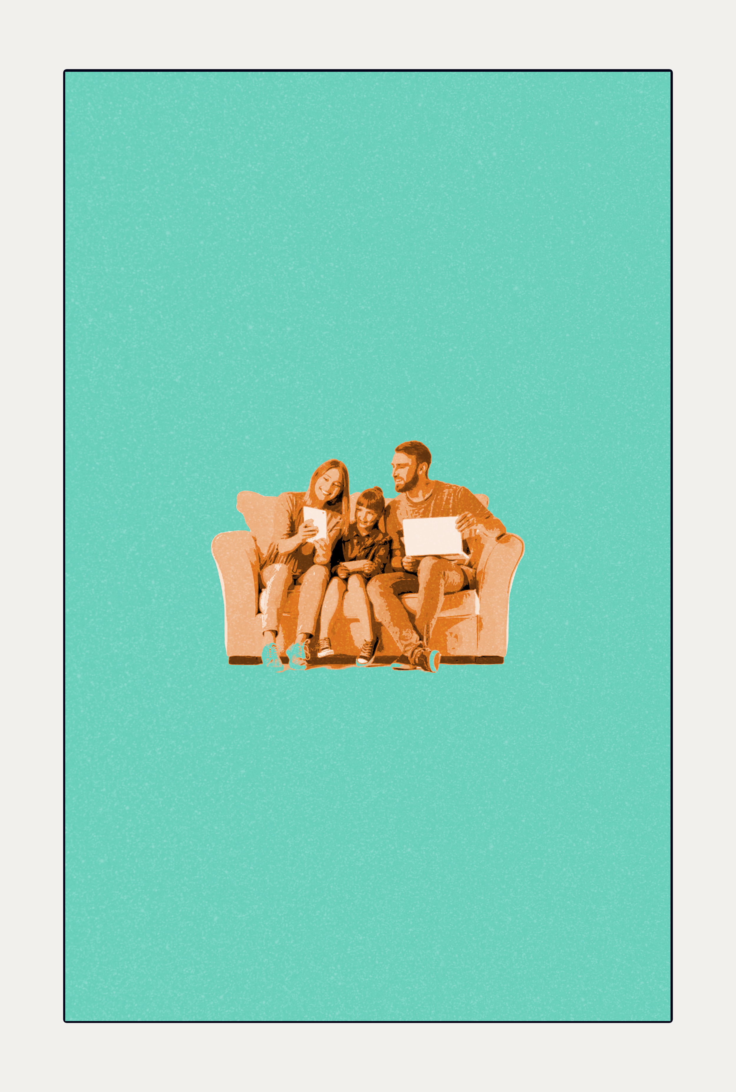 A family of three sitting on a beige couch with a teal background. The mother, father, and child are smiling and looking at each other, holding tablets.