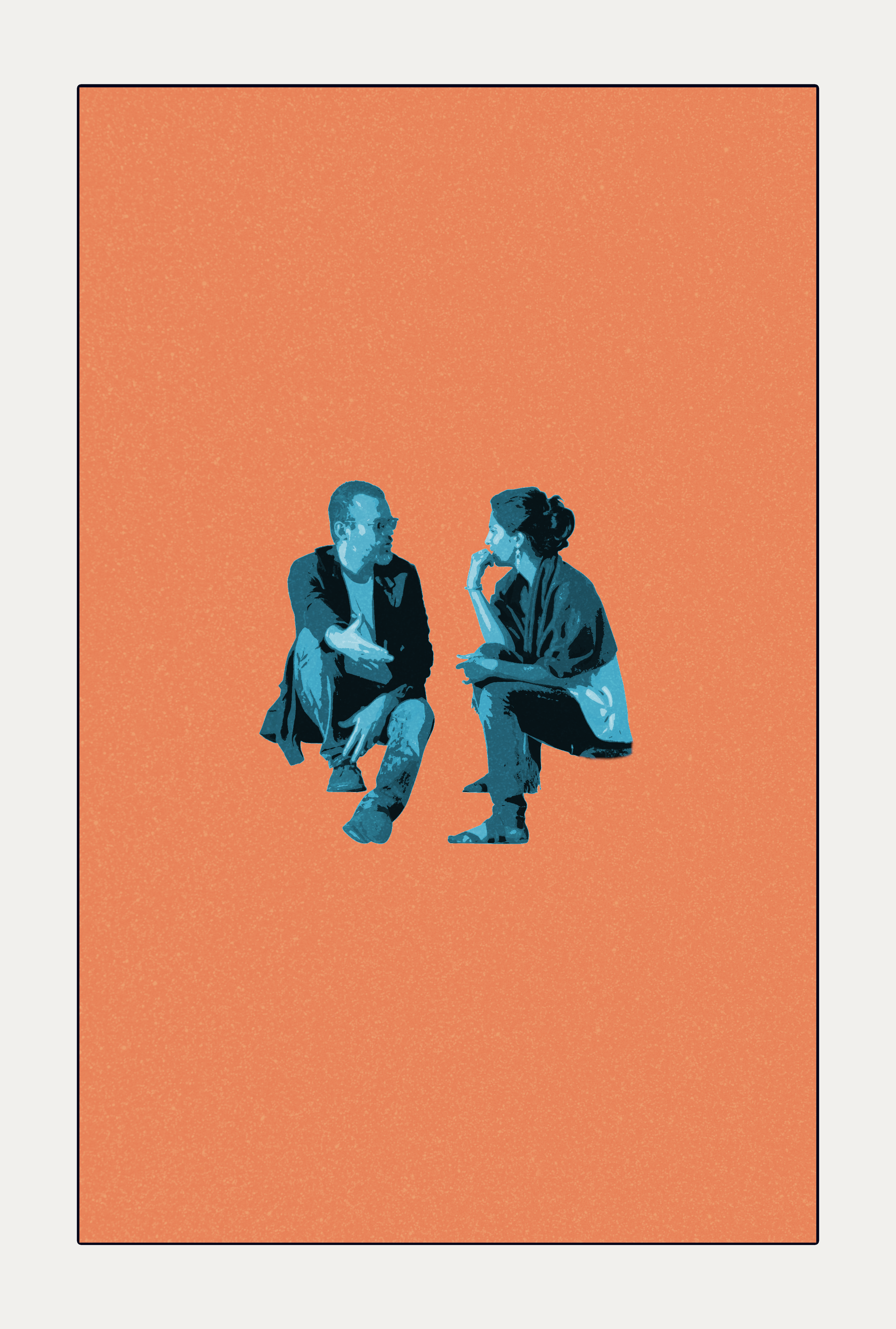 Two people squatting and engaging in conversation against an orange background.