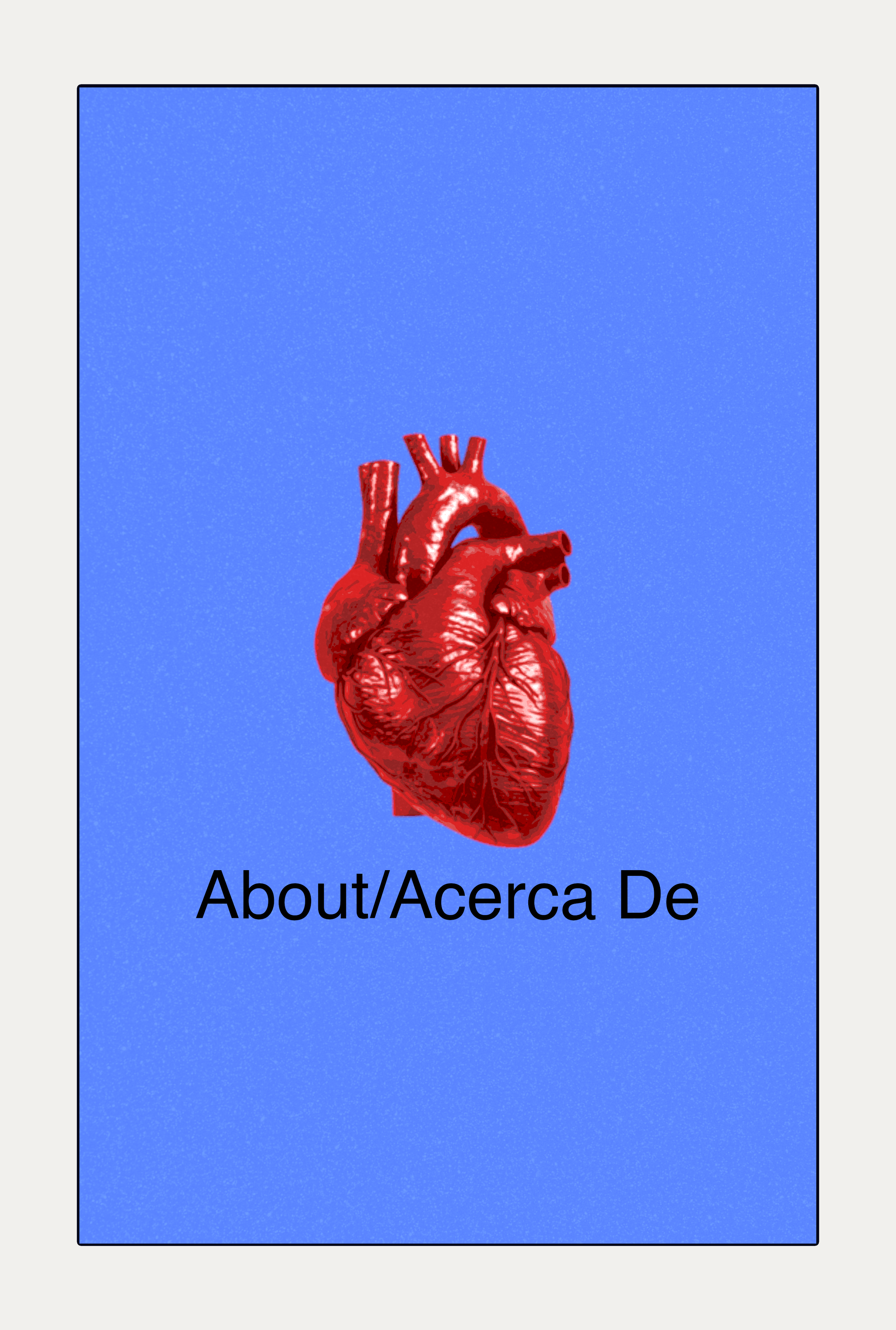 Red anatomical heart illustration with the text 'About/Acerca De' on a blue background.