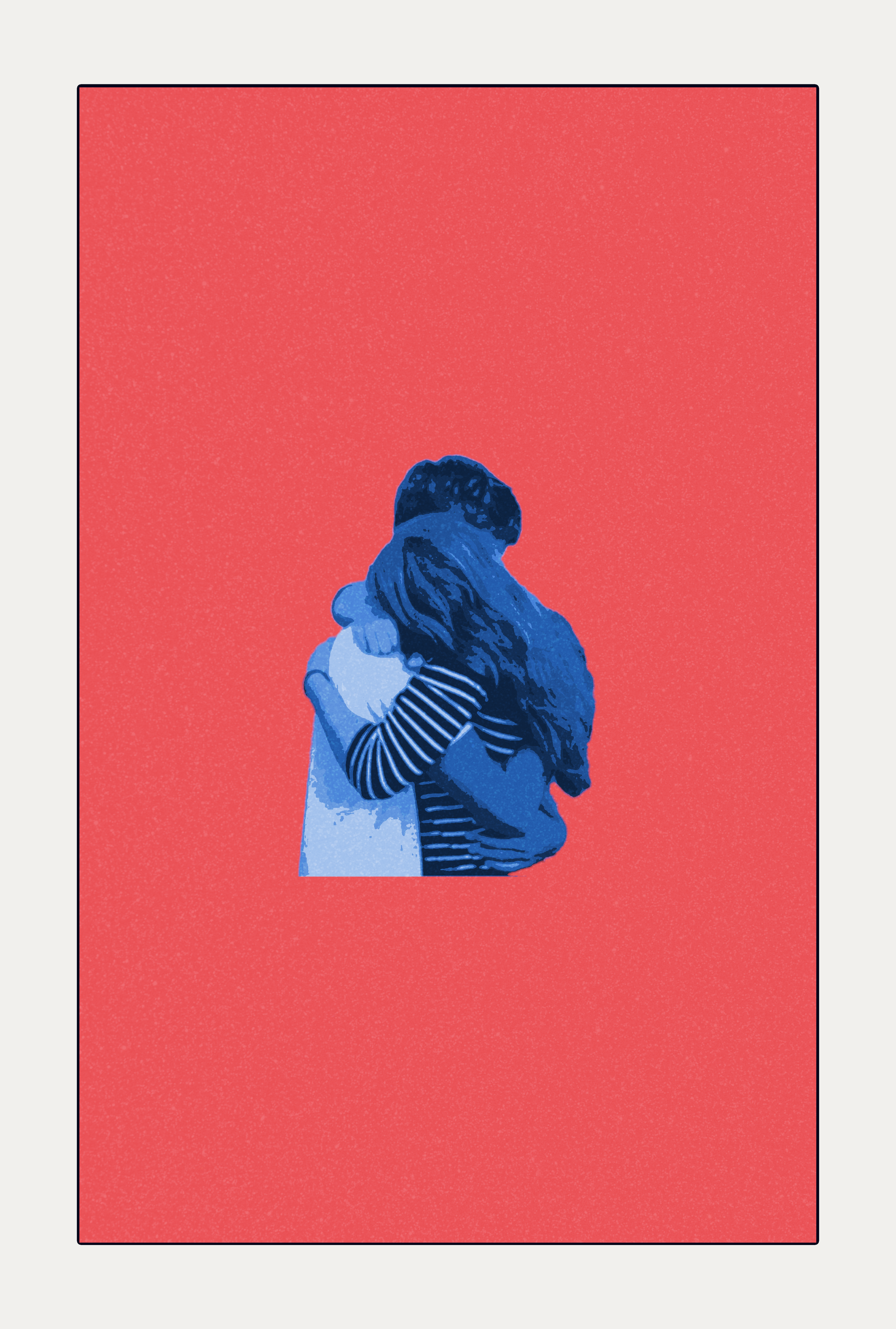 A digital illustration of two people embracing, depicted in blue tones, against a solid red background.