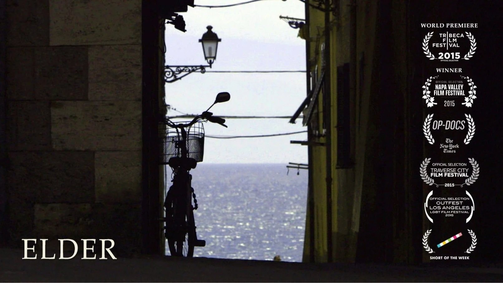 Still frame from Elder with film festival laurels from Tribeca Film Festival.