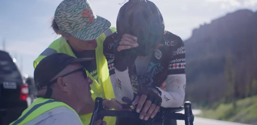 Still from Religion of Sports docuseries featuring cyclist Sarah Cooper in RAAM, edited by Genea Gaudet