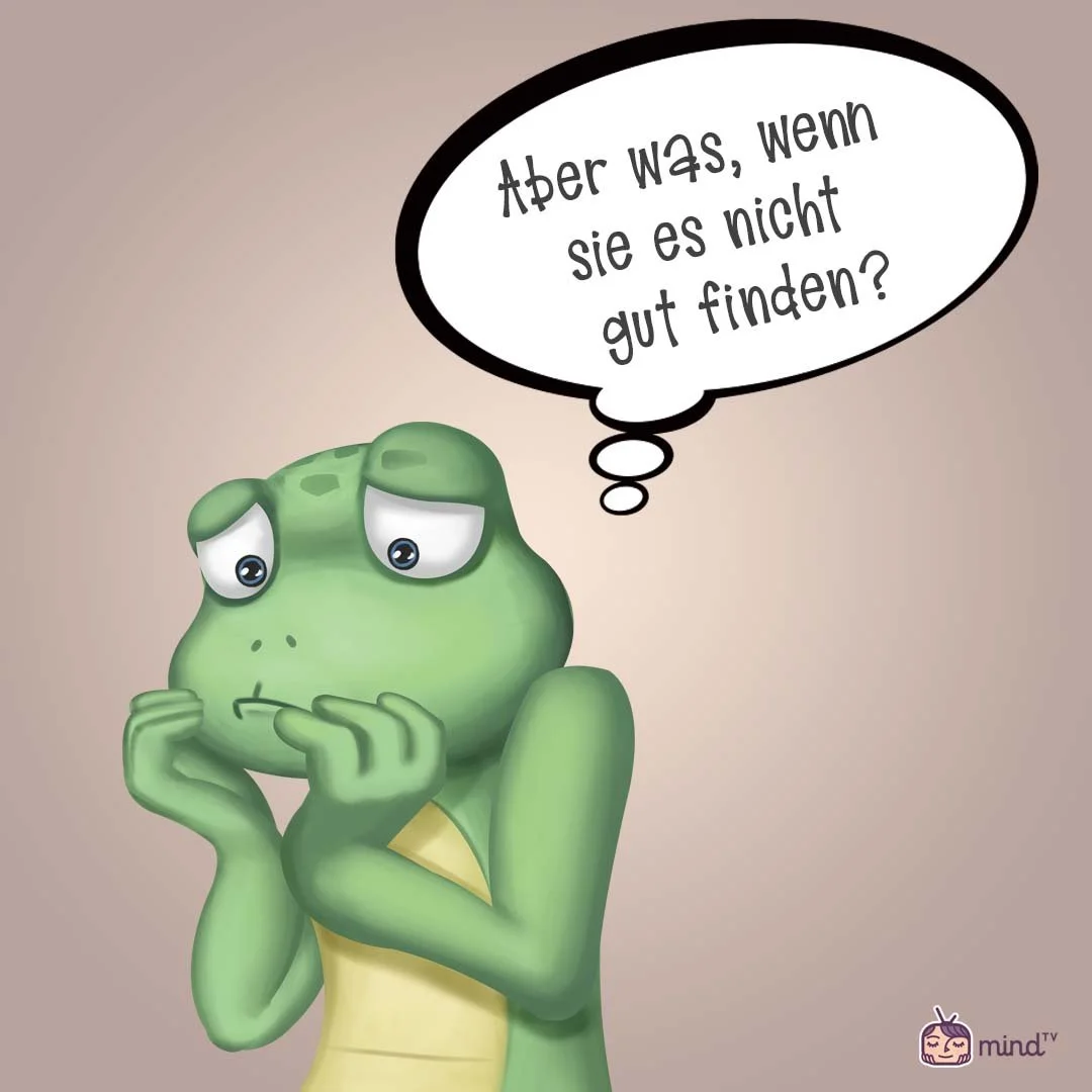 Ein trauriger grünlicher Dinosaurier mit großen, weichen Augen, der nachdenklich die Hände vor das Gesicht hält. Eine Sprechblase enthält den deutschen Text "Aber was, wenn sie es nicht gut finden?".