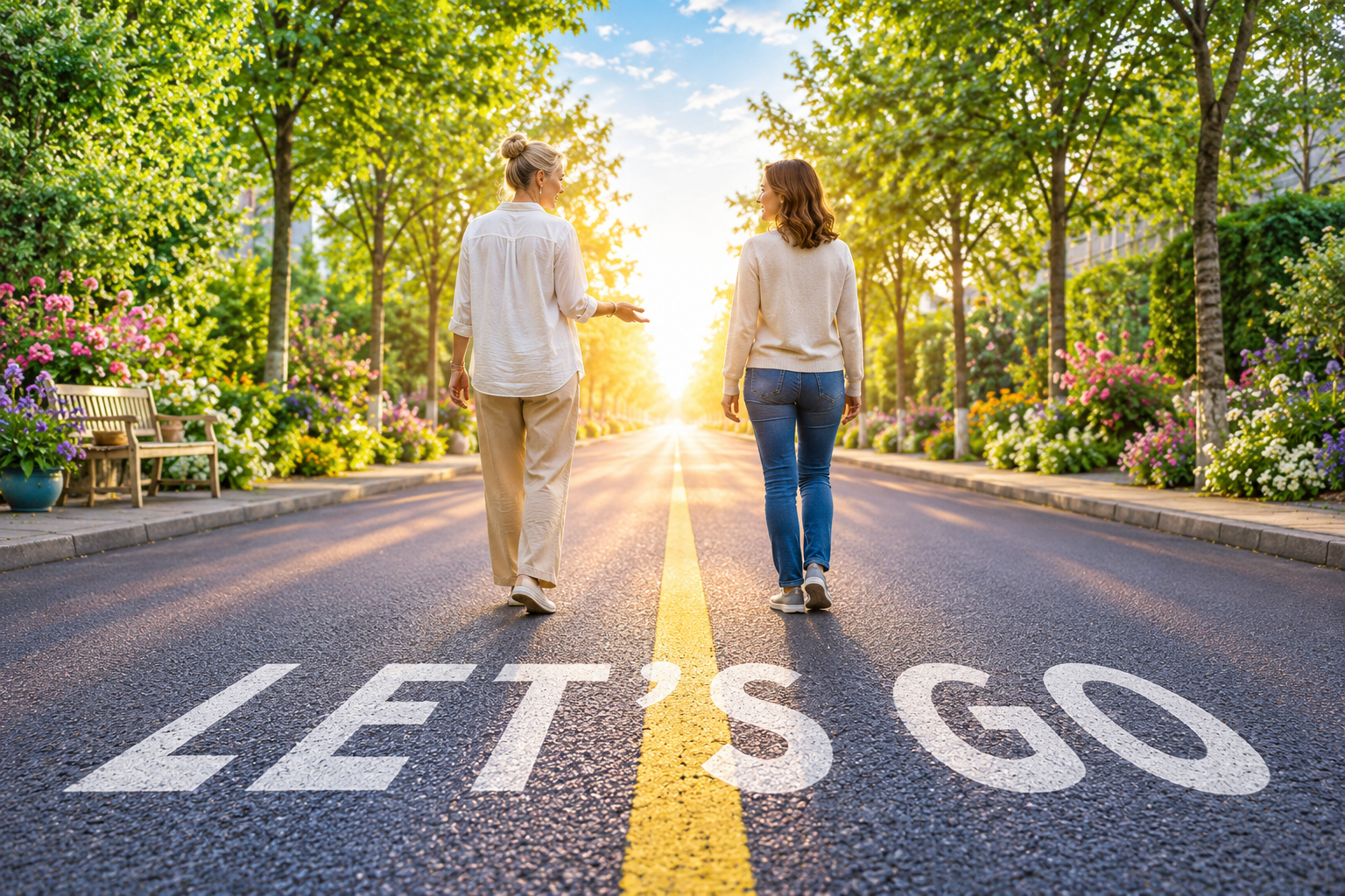 Zwei Frauen gehen in einer blühenden Stadtstraße bei Sonnenuntergang, die Straße hat die Worte "LET'S GO" auf dem Asphalt geschrieben.