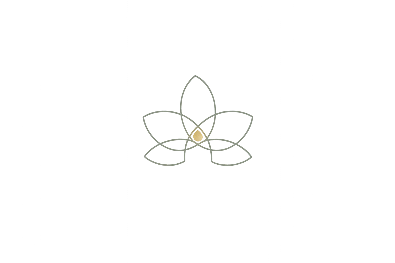 Ein stilisiertes Blumenmuster mit sechs Blütenblättern, die um eine zentrale goldene Form angeordnet sind, auf schwarzem Hintergrund.
