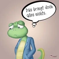 Ein ängstlich aussehender Dinosaurier in blauer Jacke mit Sprechblase, die sagt: 'Das bringt doch alles nichts.'
