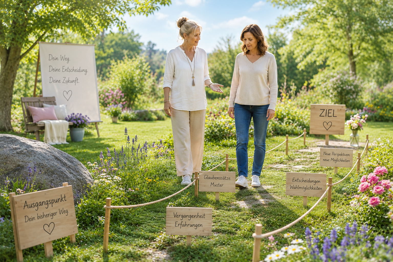 Zwei Frauen gehen auf einem durch Schilder markierten Pfad in einem Garten voller Blumen. Es gibt dekorative Schilder mit Texten wie "Ausgangspunkt", "Vergangenheit Erfahrungen", "Glaubenssätze Muster", "Entscheidungen Wahlmöglichkeiten", und "Ziel", sowie einen weißen Sitzbereich mit Kissen, umgeben von Bäumen und blühenden Pflanzen.
