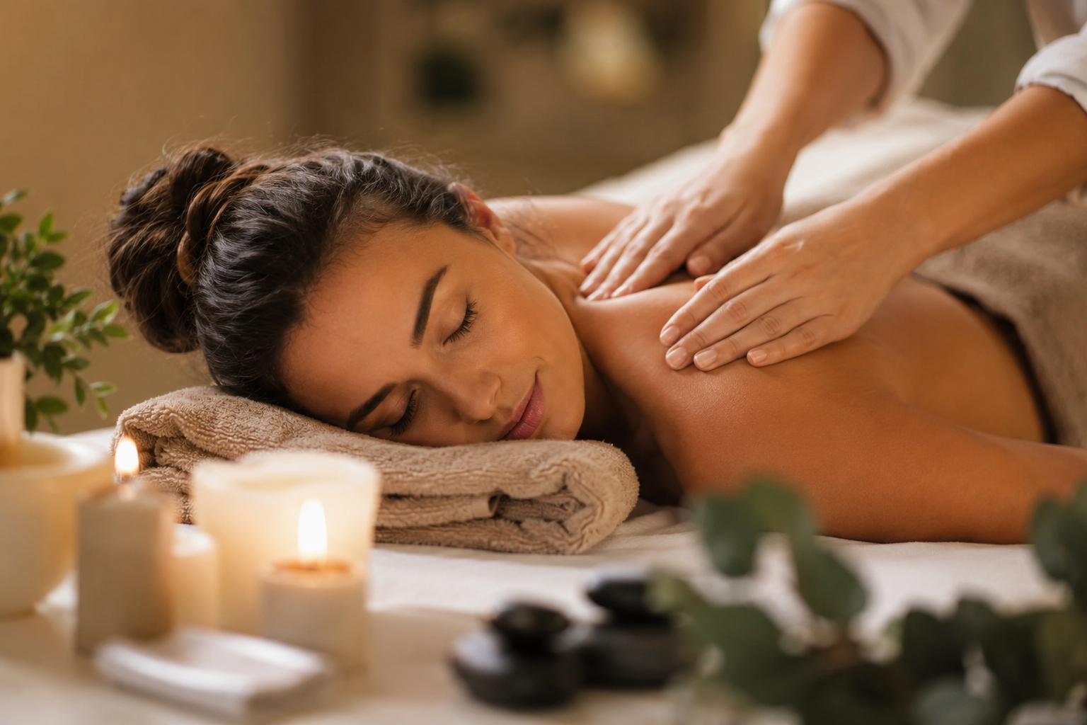 Frau erhält eine Massage in einem Spa mit Kerzen und Steinen.