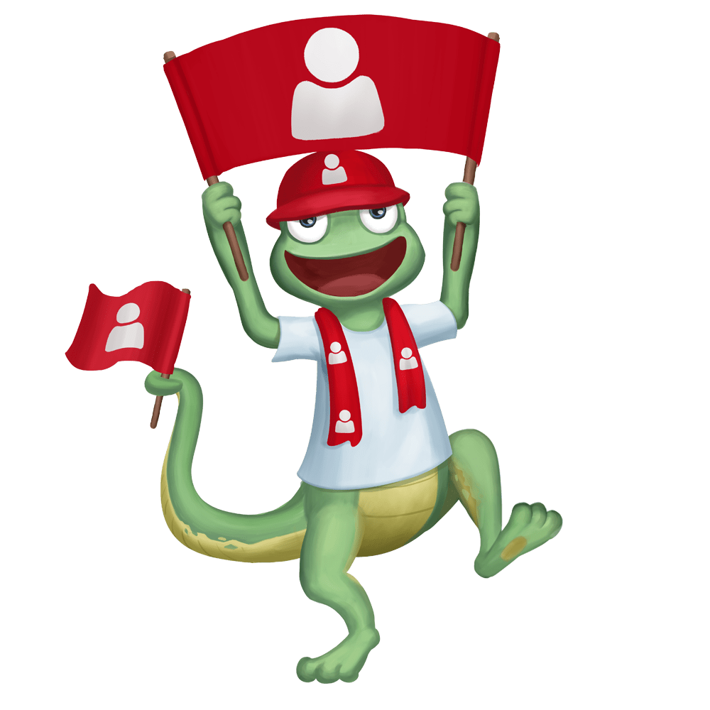 Cartoon-Krokodil -Charakter, der einen roten Fan-Schal und eine rote Kappe mit einem weißen Icon hält, während es fröhlich erscheint und auf einem Bein steht.