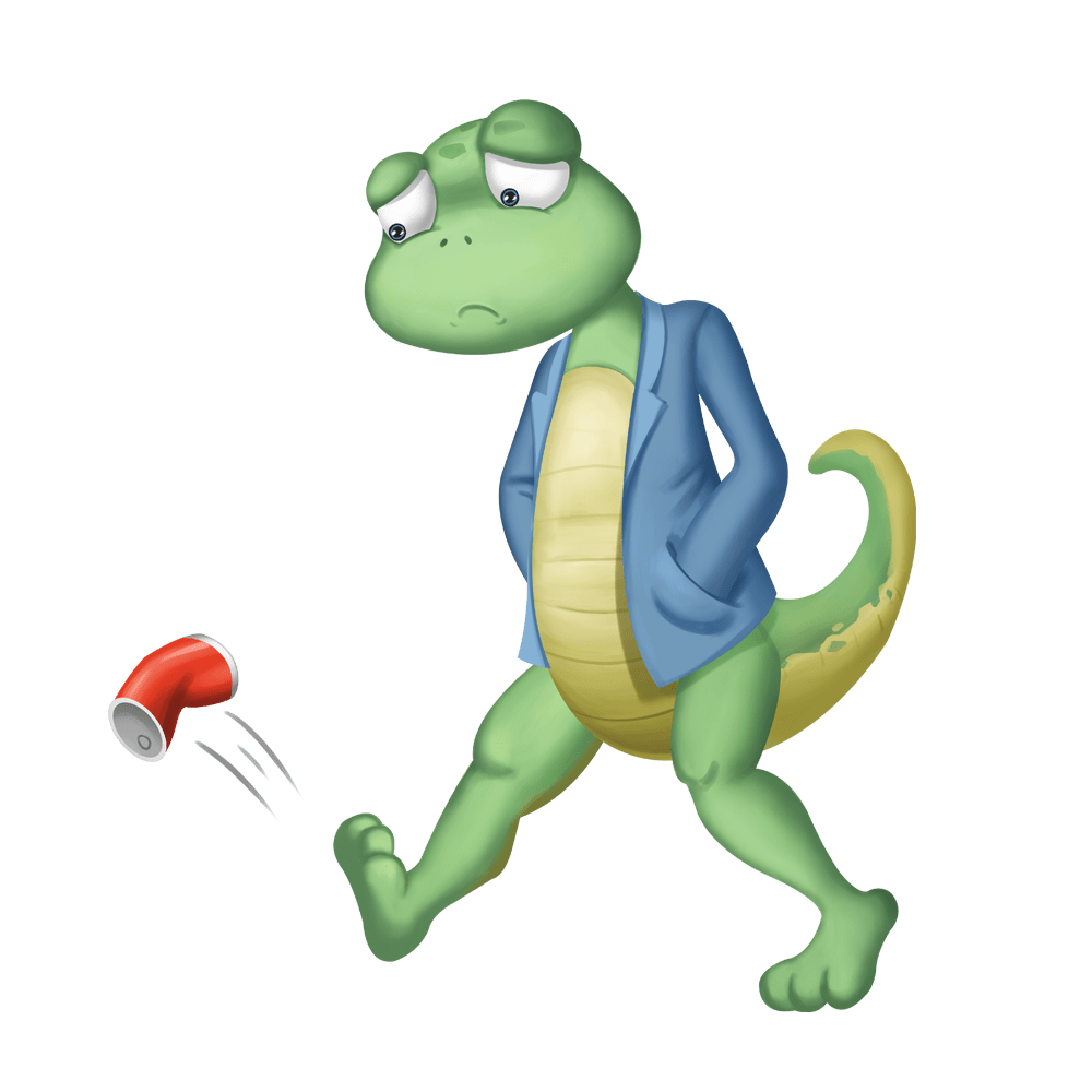 Eine lachende, anthropomorphe kleine Echse in einem blauen Hemd, die einen roten Knopf verliert oder fallen lässt.