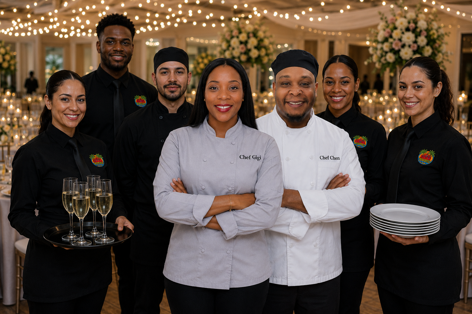 A group of seven staff members at a formal event, with three female servers holding glasses of champagne and plates, and two chefs in the center, in a decorated venue with floral arrangements and string lights.