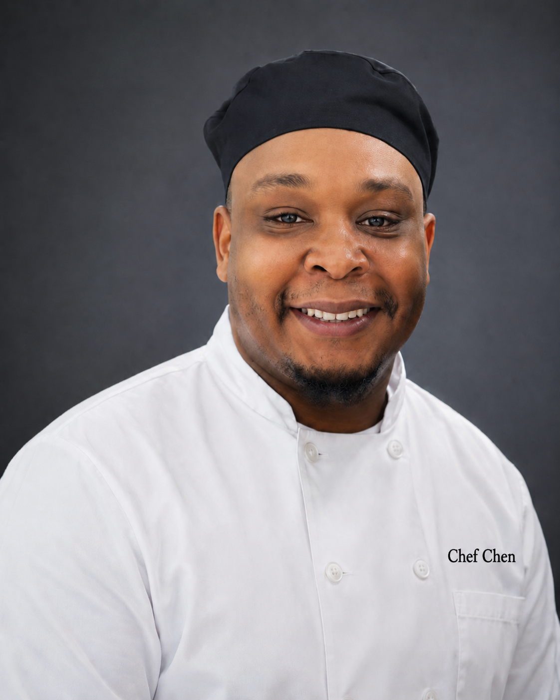 Portrait of a smiling male chef wearing a black chef hat and white chef coat with 'Chef Chen' embroidered on it, against a dark background.