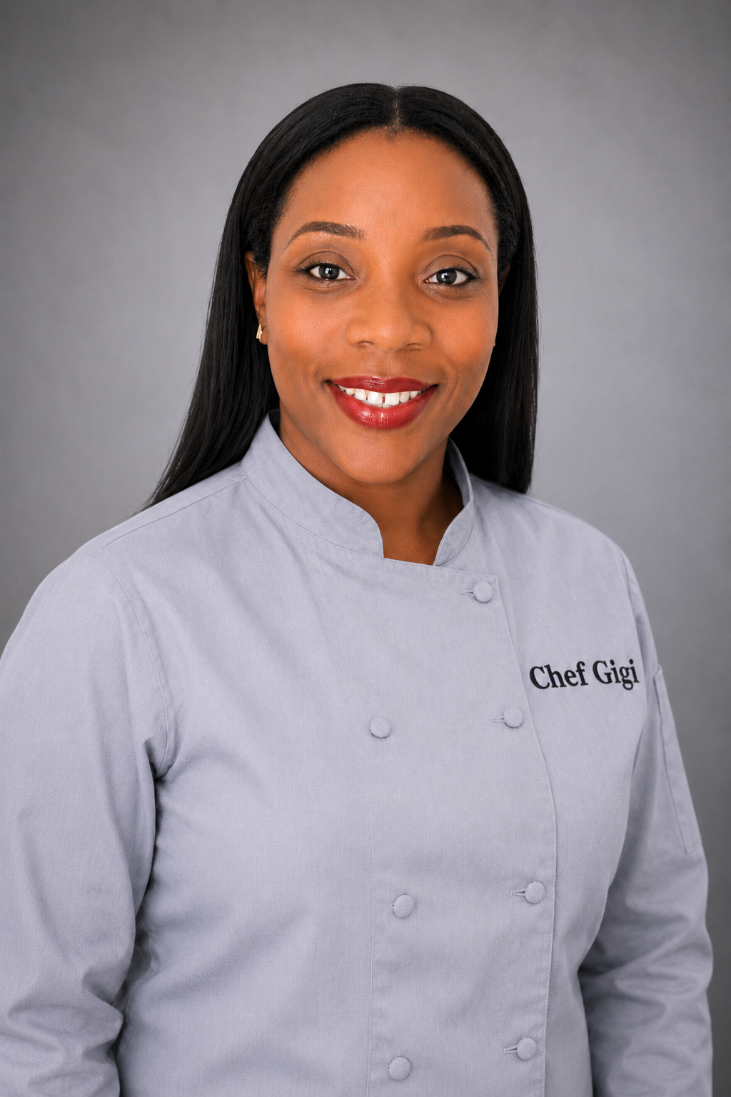 Portrait of a smiling Black woman wearing a light gray chef's coat with 'Chef Gigi' embroidered on it, against a neutral background.