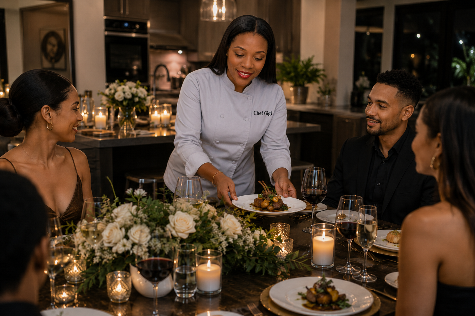 A woman dressed as a chef serves food at a formal dinner party with guests seated around a table decorated with flowers and candles.
