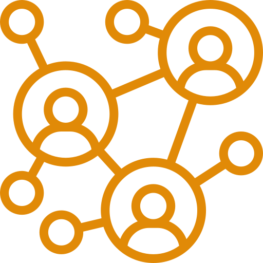 Network diagram with interconnected nodes and user icons.