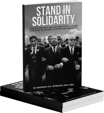 Book titled 'Stand in Solidarity' with a black-and-white photo of African American men in suits marching, focusing on a leader with glasses and a raised fist.
