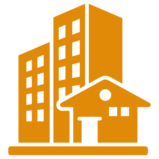 Icon of a tall apartment building and a small house in brown color.