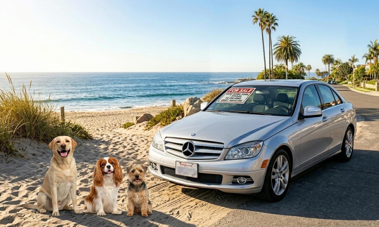 A silver Mercedes-Benz car parked on a beachside road with a 'For Sale' sign in the window. Three dogs sitting in front of the car on the sand, with ocean and palm trees in the background.