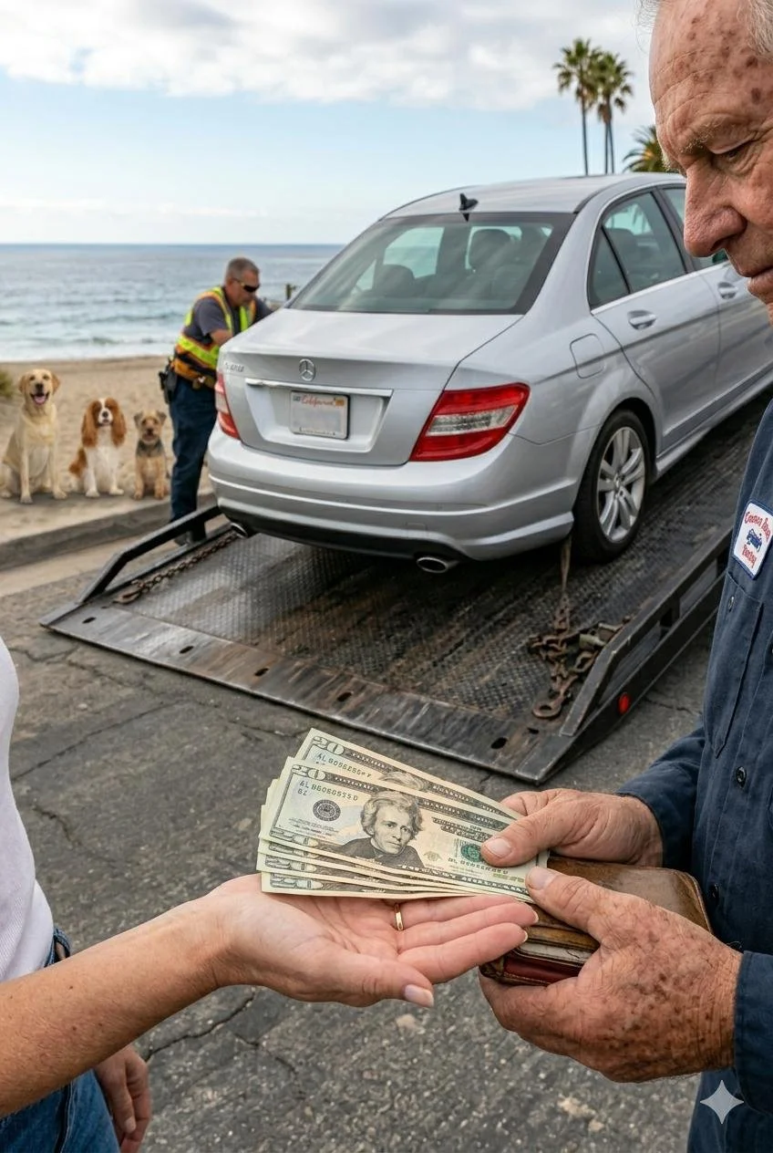 A person hands over cash to another person, standing near a car on a flatbed tow truck by the beach. In the background, a man with a dog leash and four dogs sitting on the sidewalk, with the ocean and palm trees in the distance.