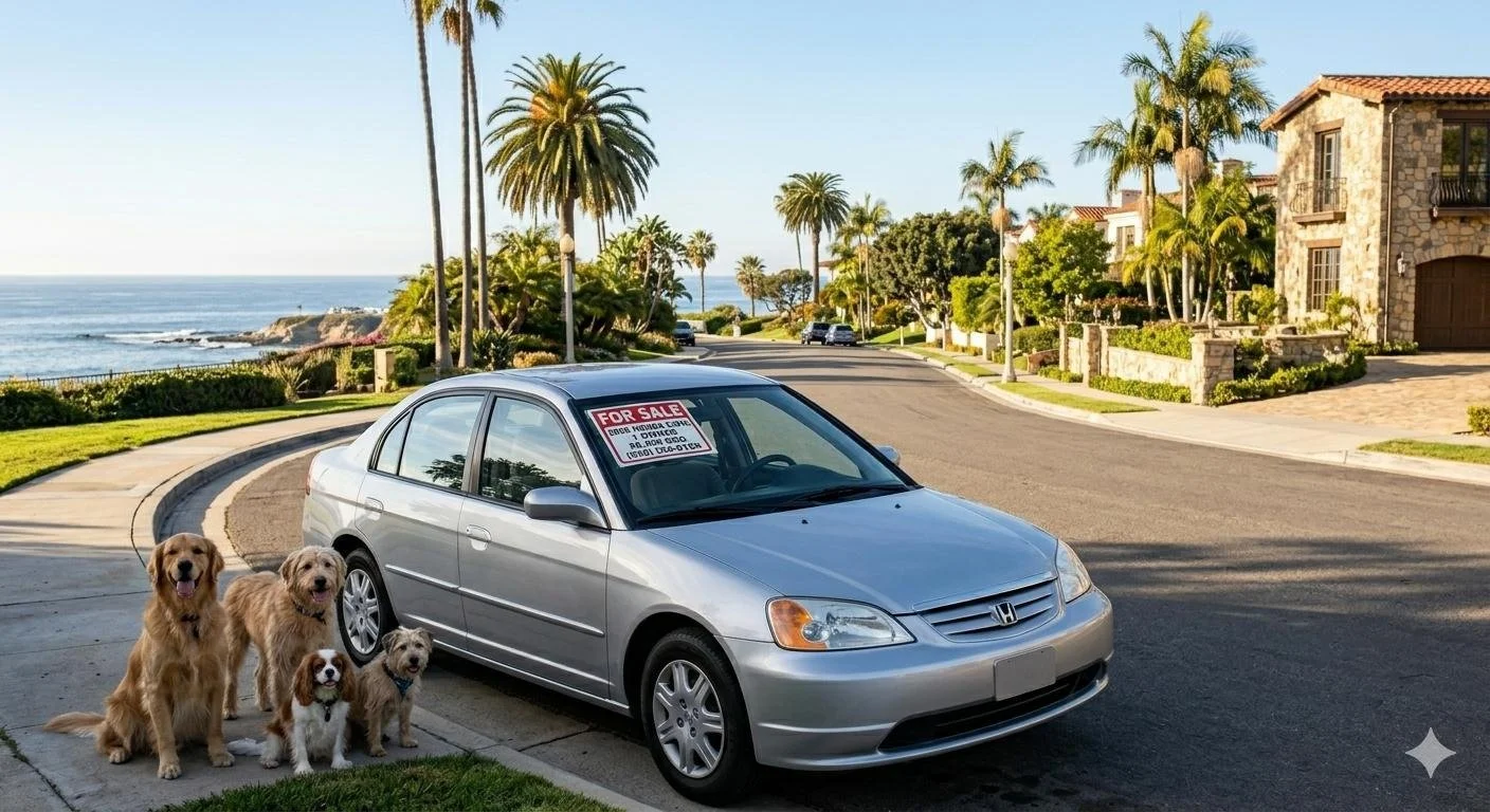 A silver Honda sedan parked on a residential street in a coastal neighborhood with palm trees, a house, and the ocean in the background. The car has a 'For Sale' sign in the window, and there are four dogs sitting on the sidewalk in front of it.