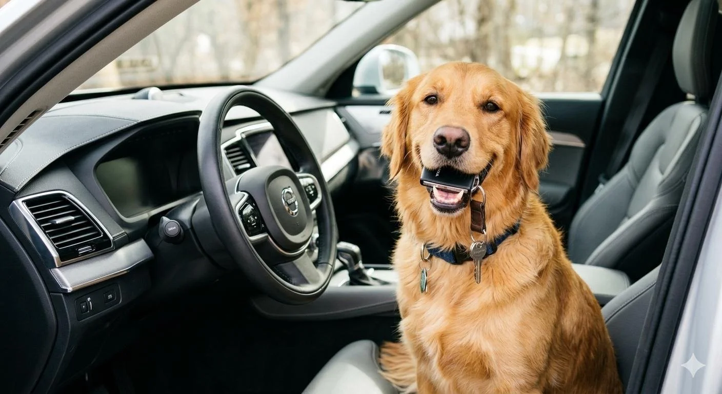 Golden retriever in the driver's seat of a car holding a smartphone in its mouth.