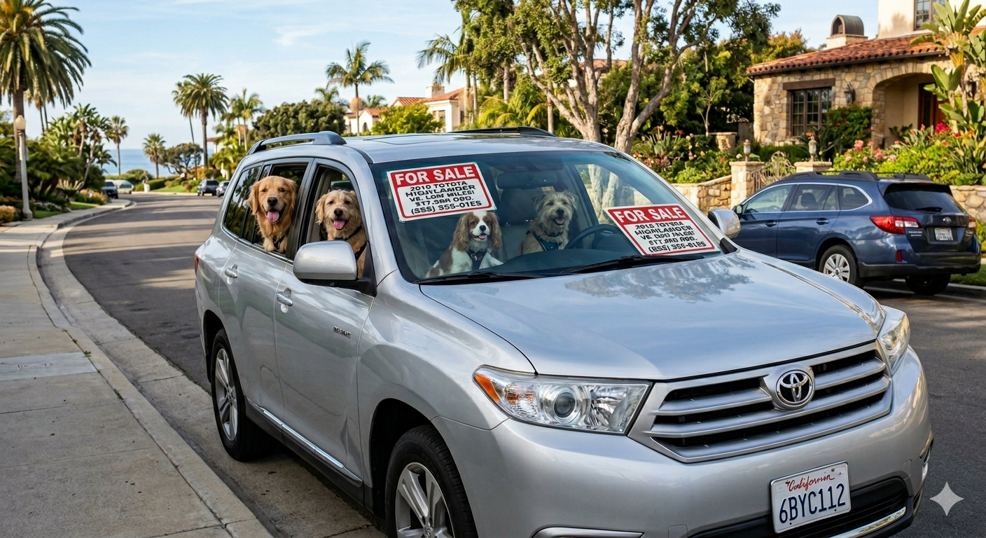 Four dogs looking through the windows of a silver Toyota SUV with
