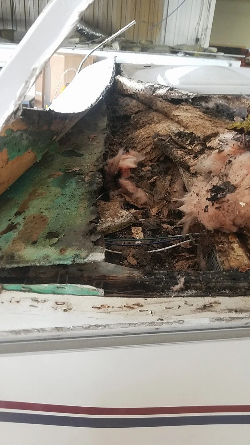 Damaged or burnt appliance revealing internal components and wiring, with torn insulation and debris.
