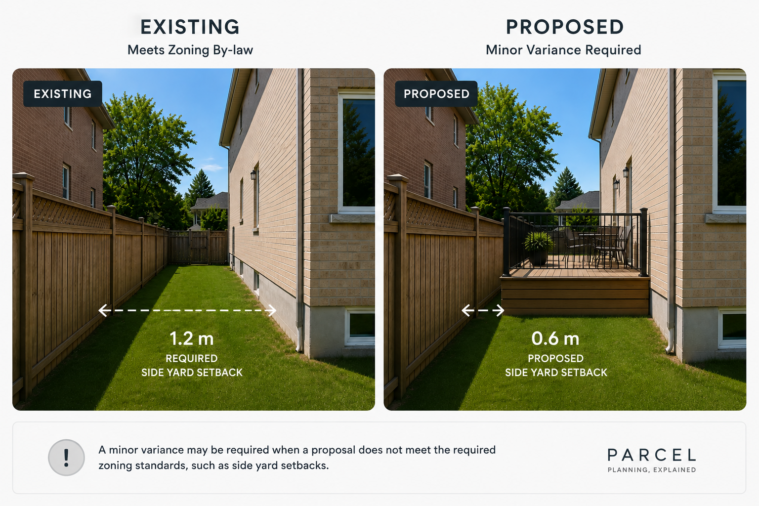 Comparison of existing and proposed zoning standards for side yard setbacks. The existing setback is 1.2 meters, meeting zoning requirements, while the proposed setback is 0.6 meters, requiring a minor variance. The image shows a side yard with a wooden fence and grass between two houses, with a patio and outdoor furniture in the proposed plan.