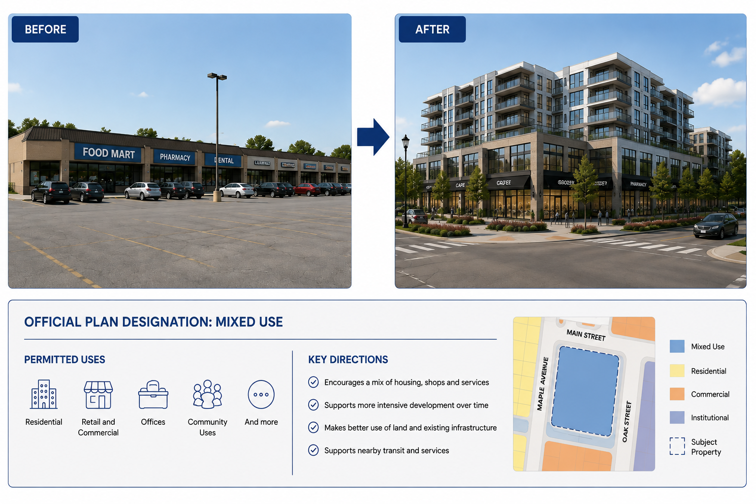 Side-by-side comparison of a shopping center parking lot before and a mixed-use development after. The before shows a strip mall with retail stores and a parking lot. The after depicts a modern, multi-story building with residential units, retail shops, cafes, and landscaped surroundings, with a street intersection in front.