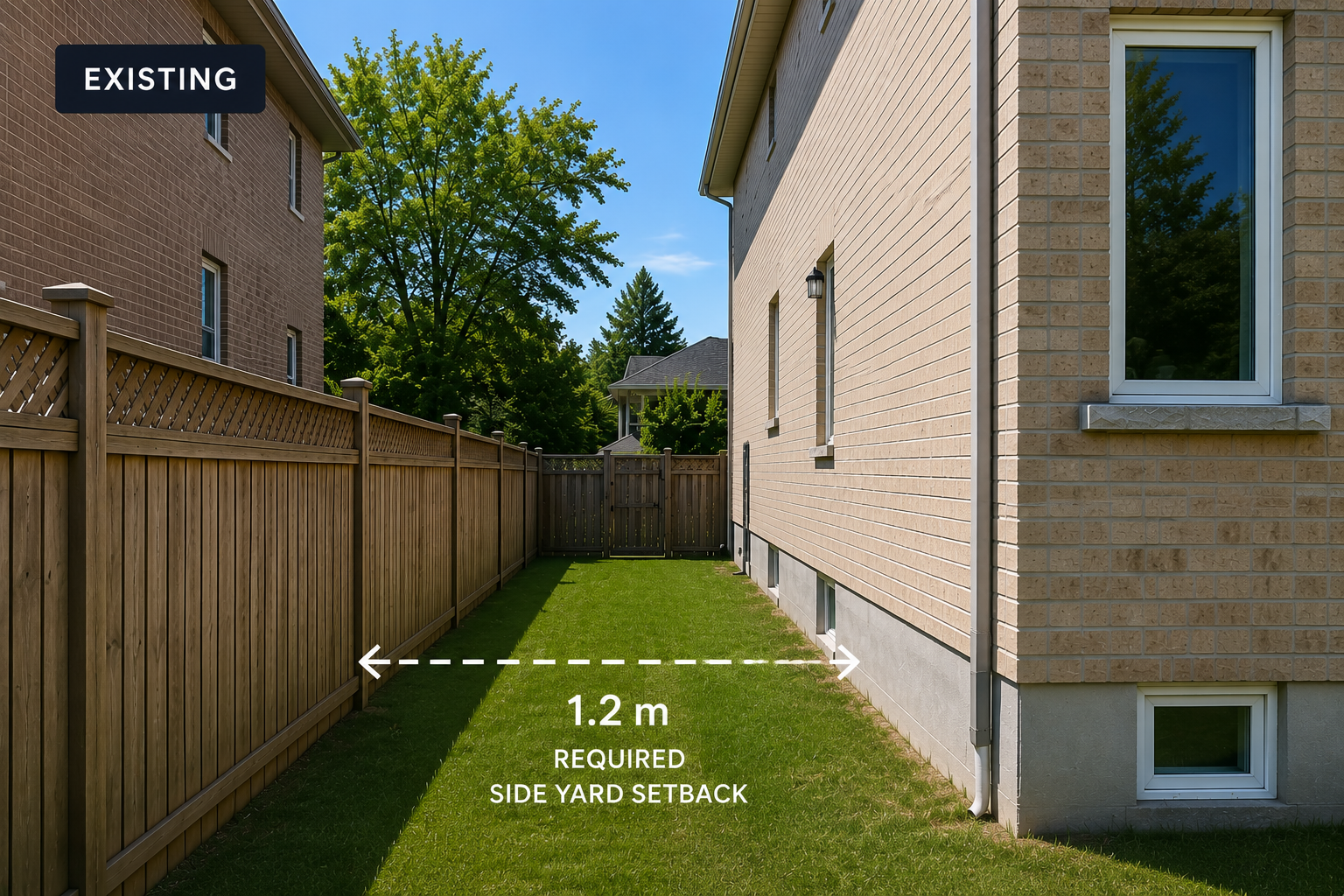 A small backyard with a grassy area, wooden fence on the left, and beige brick house on the right. There is a diagram marking a 1.2 meter side yard setback in the yard. Trees and neighboring houses are visible in the background.