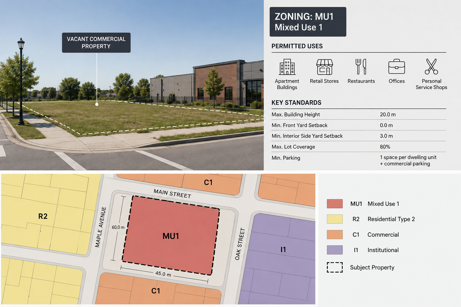 A diagram of a vacant commercial property lot adjacent to a sidewalk and street, with zoning and key standards information displayed on the right, and a site plan map showing the property's location and boundaries in relation to surrounding zones.