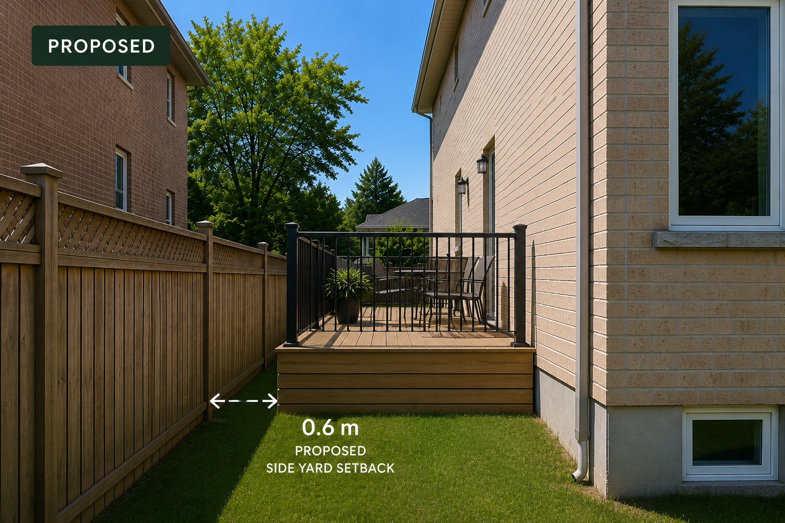 Proposed new backyard deck with black metal railing and outdoor dining set, located adjacent to a beige brick house with a green fence on the left side, green grass, trees in the background, and sunlight in a suburban neighborhood.
