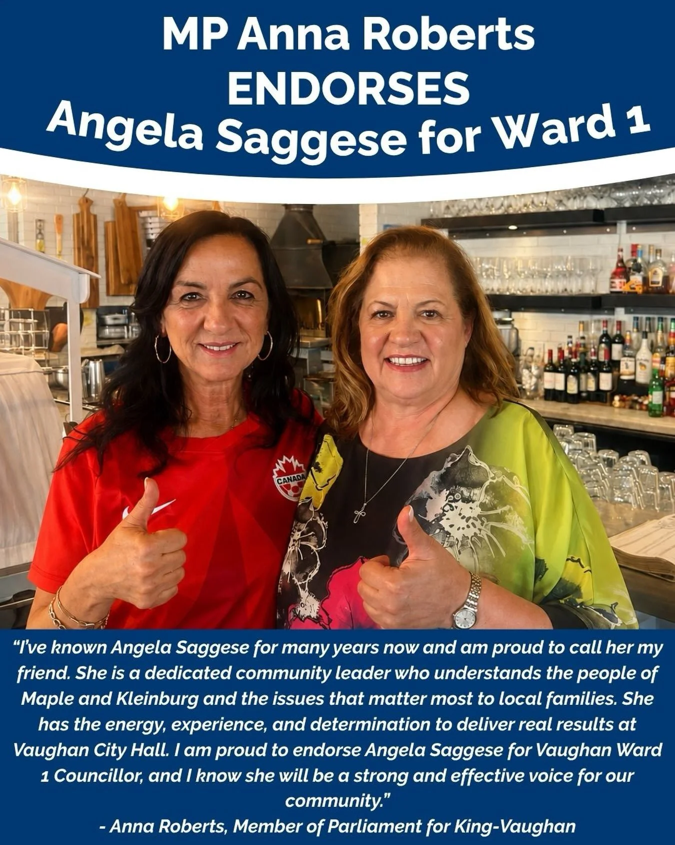 ENDORSEMENT ALERT:

I&rsquo;m honoured to have @annarobertsmp on #TeamSaggese.

Together, we&rsquo;ll stand up for local families and bring positive change to Maple &amp; Kleinburg.