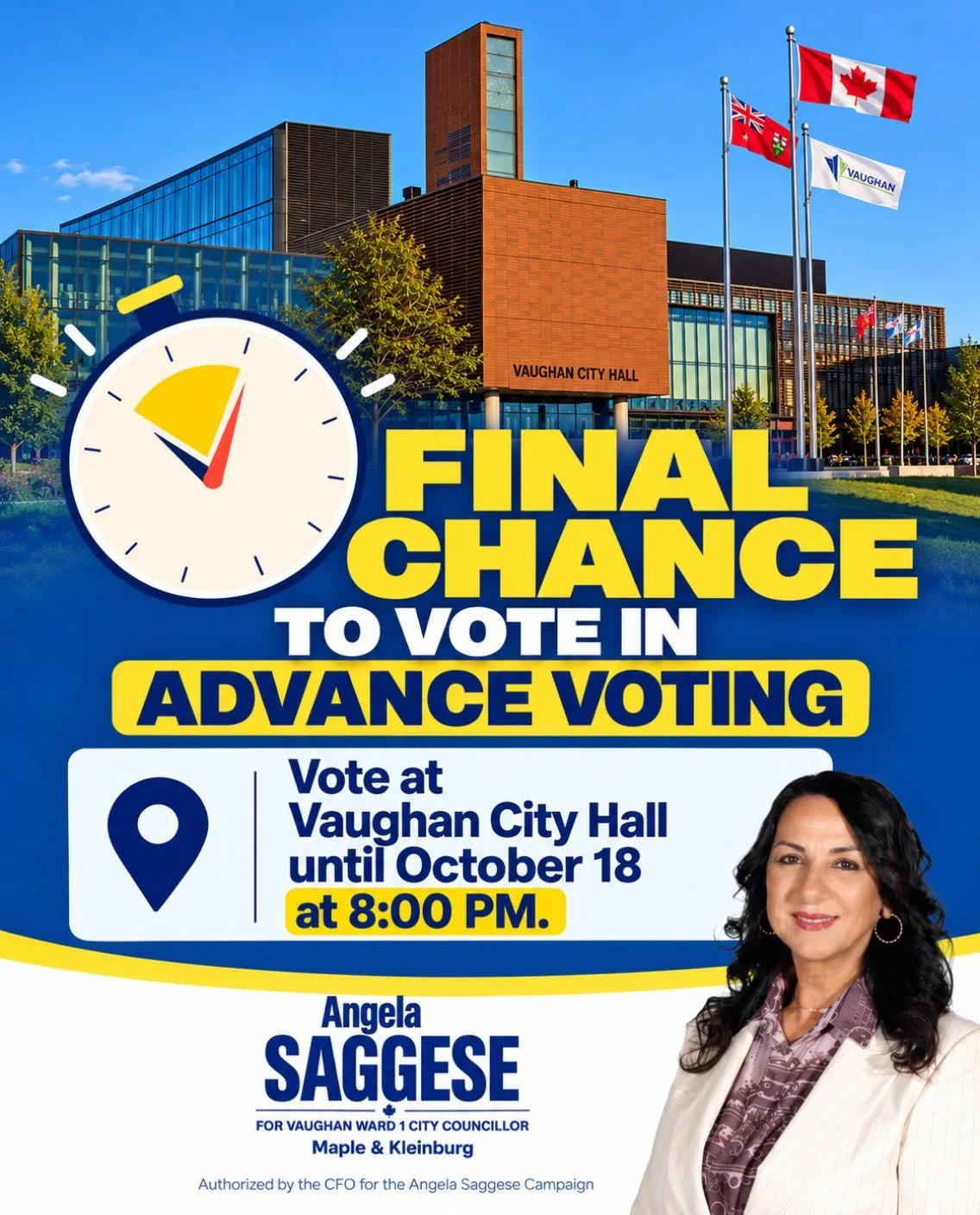 ⏰ FINAL CHANCE TO VOTE EARLY!

Today is the final day of advance voting! 🗳️

Make your voice heard and cast your ballot at Vaughan City Hall before 8:00 PM tonight! Every vote matters, and together, we will bring positive change to Maple &amp; Klein