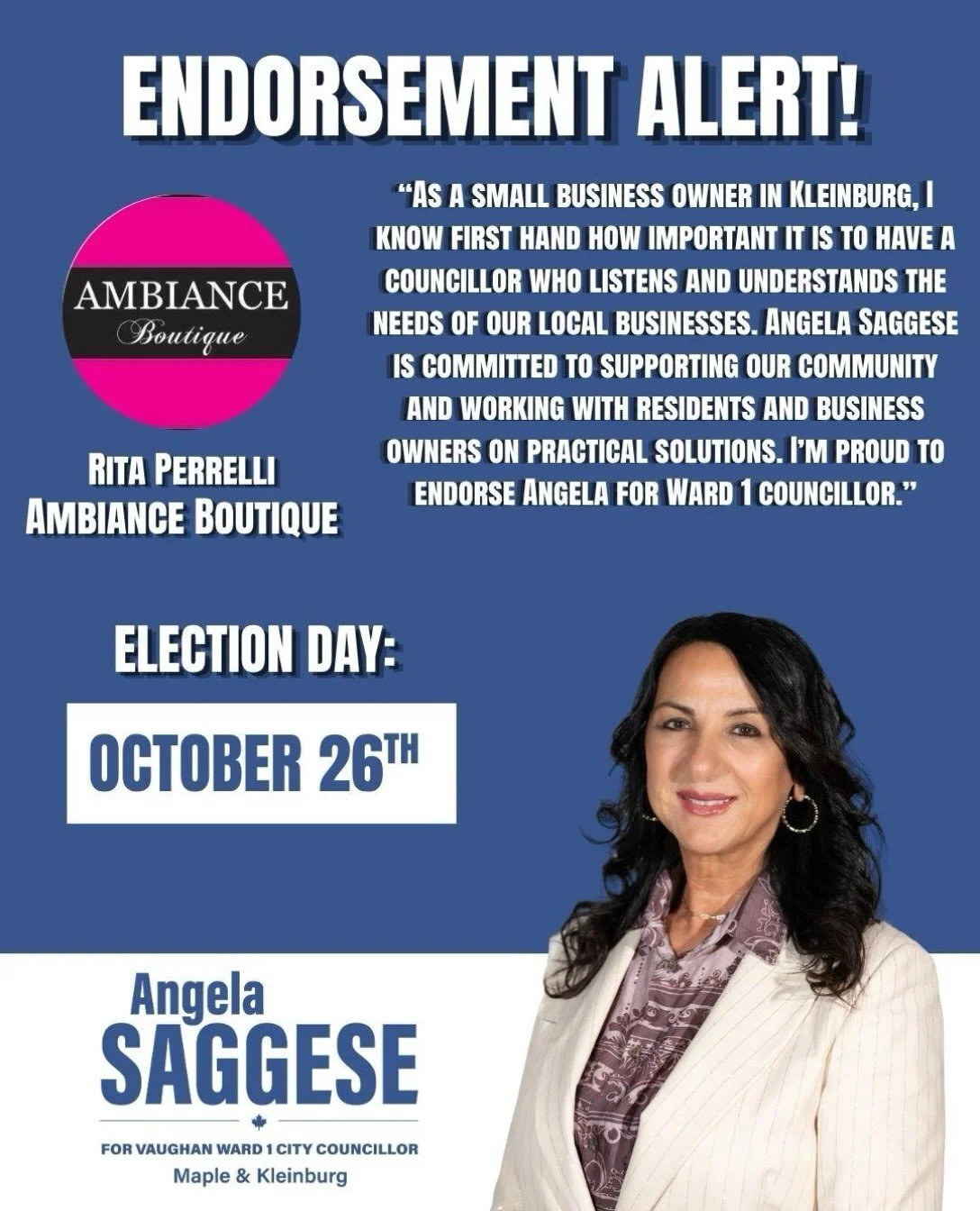 ENDORSEMENT ALERT!

I&rsquo;m grateful to have Kleinburg business owner Rita from @ambianceboutiquek on #TeamSaggese.

Thank you, Rita, for your support. Together, we&rsquo;ll bring positive change to Maple &amp; Kleinburg.