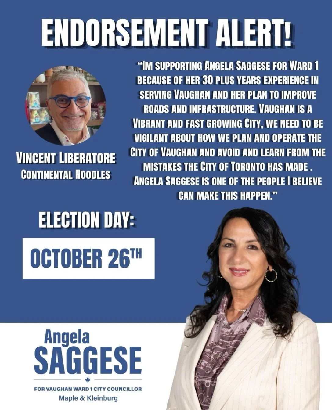 ENDORSEMENT ALERT!

I&rsquo;m grateful to have Vaughan business owner and Ward 1 resident Vince Liberatore on #TeamSaggese.

Thank you, Vince, for your support and confidence. Together, we&rsquo;ll bring positive change to Maple &amp; Kleinburg.