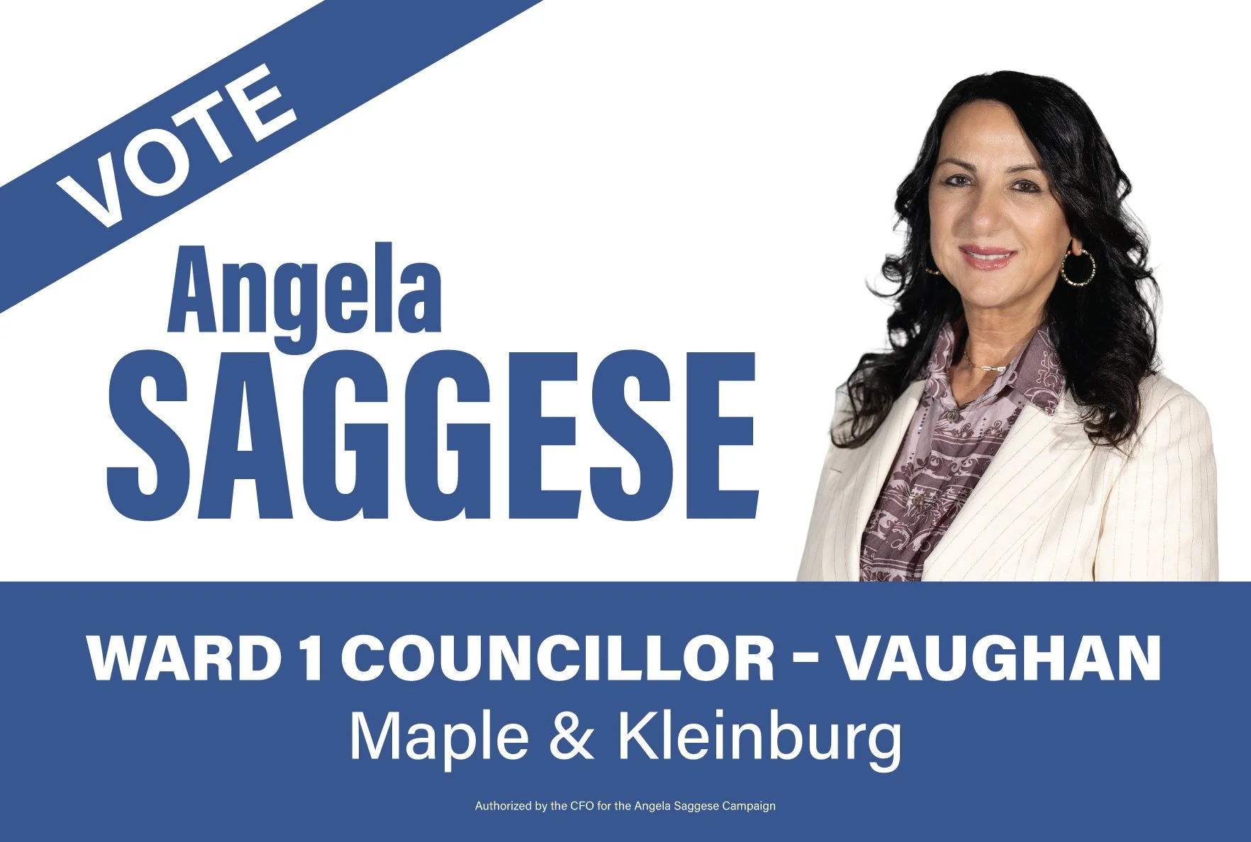 Campaign poster featuring a woman with dark hair and a light-colored striped blazer, promoting Angela Saggese for Ward 1 Councillor in Vaughan, Maple & Kleinburg.