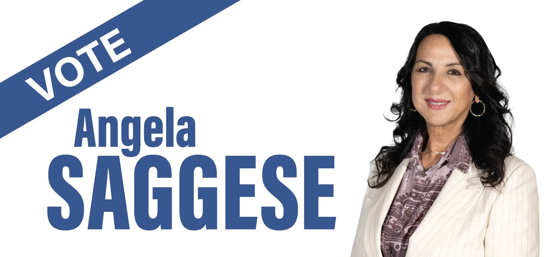 Angela Saggese campaign logo with “Vote Angela Saggese” branding and candidate photo on a white background.